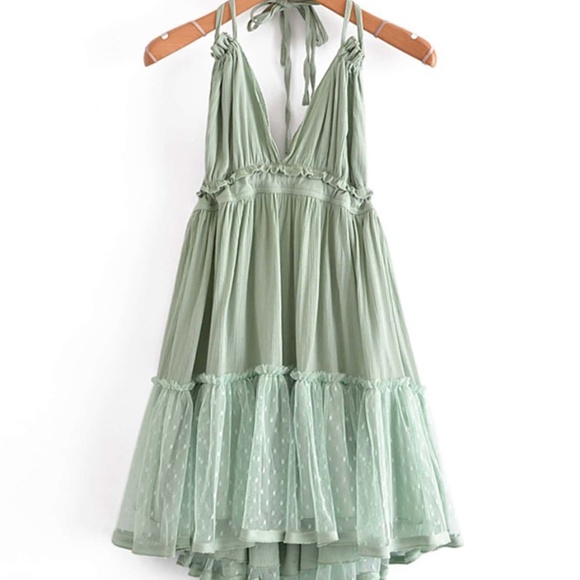 Bohemian Mint Green Backless V Halter Swiss Dot Mini Layered Dress - Picture 2 of 11